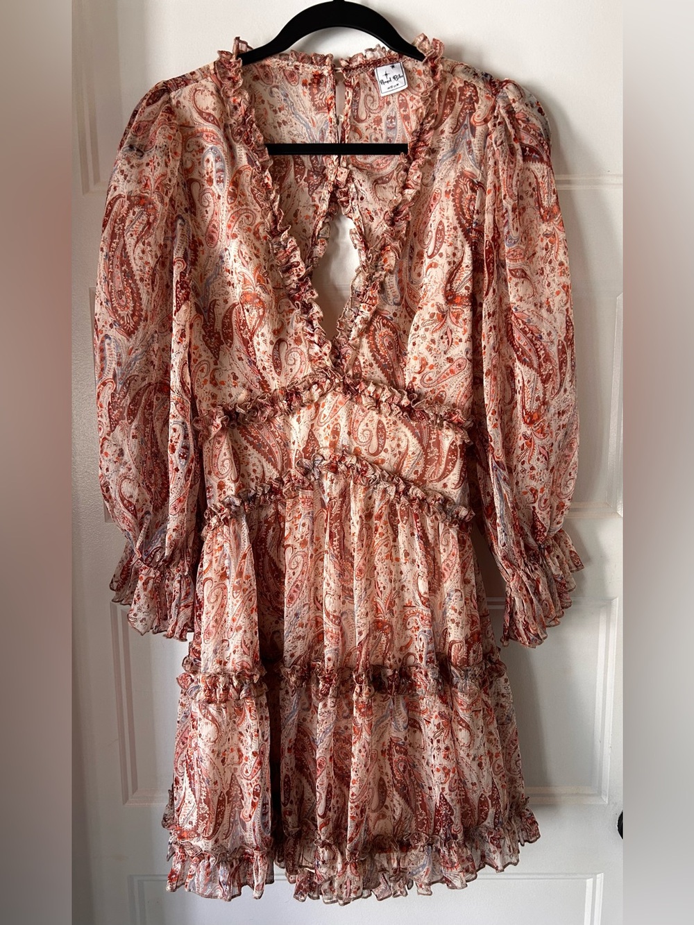 Angel Biba Laney Paisley Rust Ruffle Cutout Back Mini Dress M US 6